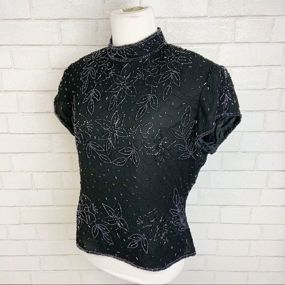 Vtg Marina Bresler Sequin Black Evening Blouse U2 - Picture 1 of 8